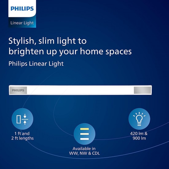 PHILIPS Space Glow A2ft LED Linear Cabinet Tubelight Light | 12-watt LED Under Cabinet Wardrobe and Kitchen Light (Cool Day Light)