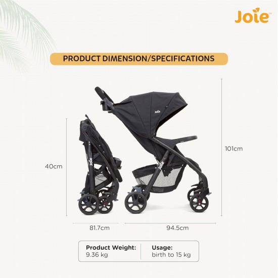 Joie Muze Full Featured Baby Stroller - Compact Fold Baby Pram with 5-Point Harness, Travel System Compatible, Lie-Flat Recline and Suitable for Birth to 15kg/(Birth - 36 months)